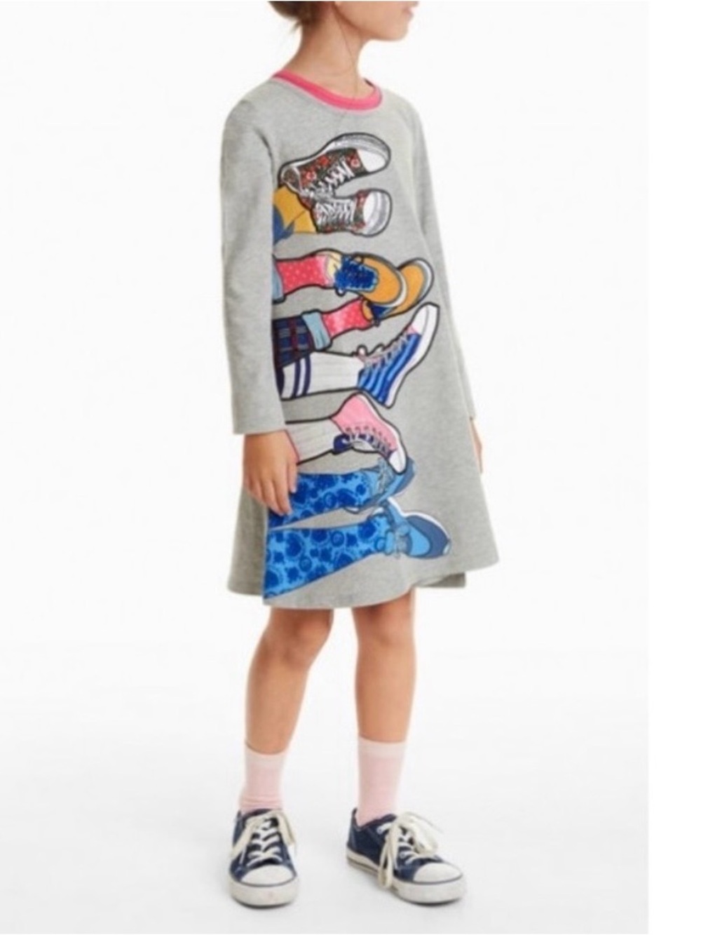 GUC Desigual Little Girls Sneaker Appliqué Long Sleeve Dress in Gray 7-8